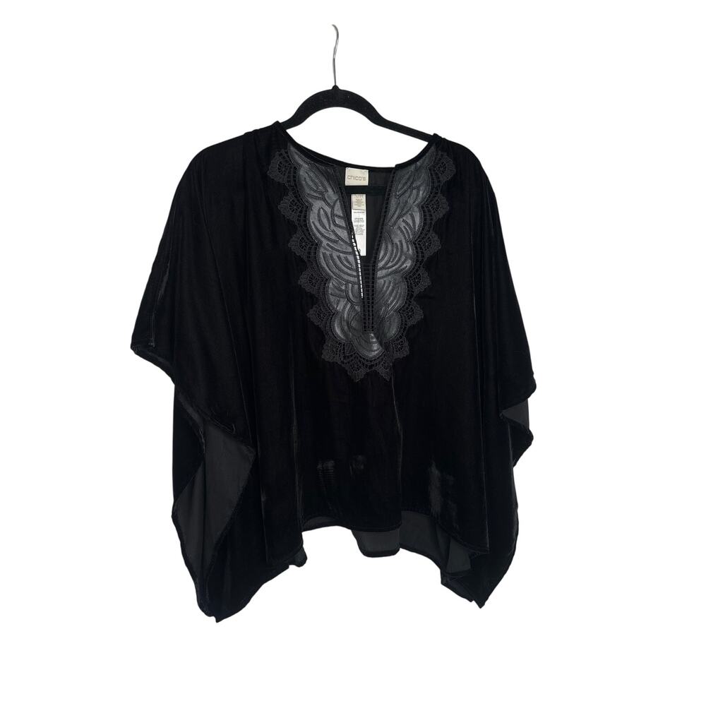 Chico’s Goth Witchy Black Velvet Poncho Top Faux Leather Embroidered Neck S/M